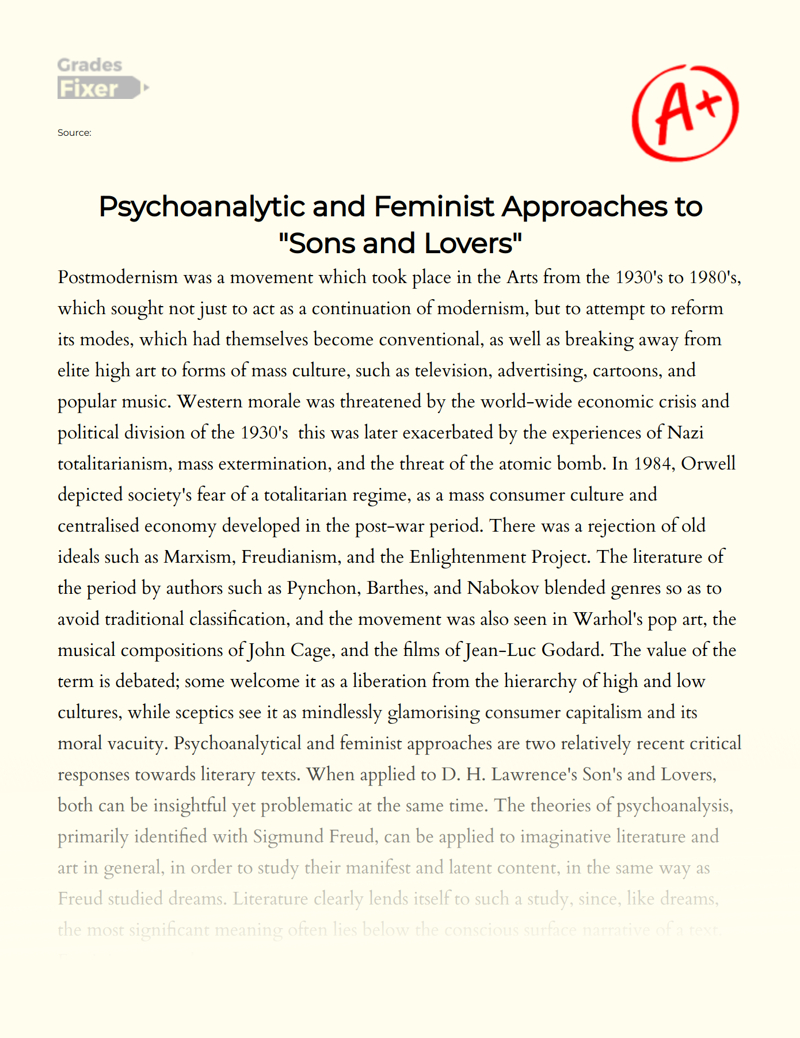 Psychoanalytic and Feminist Approaches to "Sons and Lovers" Essay