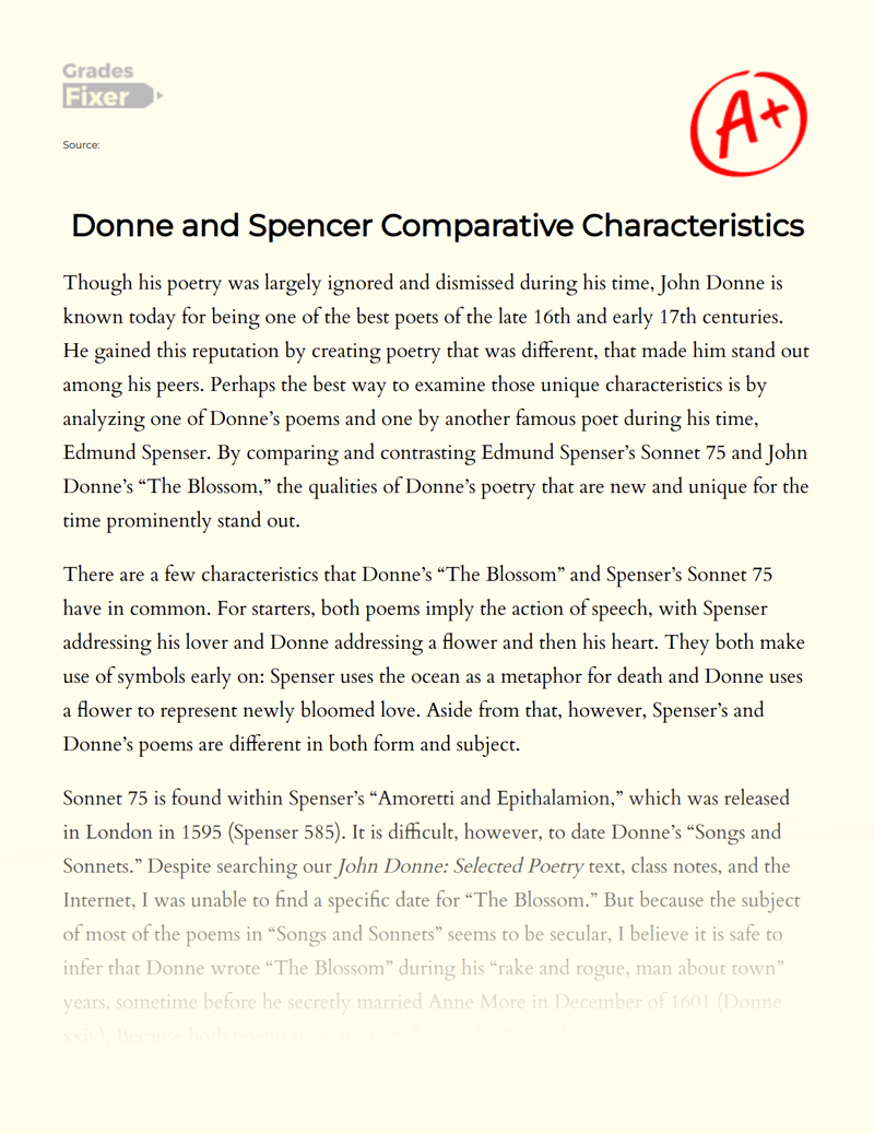 Donne and Spencer Comparative Characteristics Essay