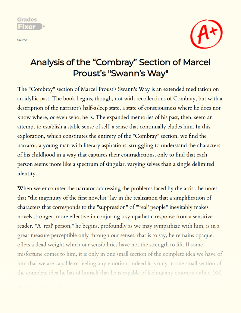 Analysis of The "Combray" Section of Marcel Proust’s "Swann’s Way" Essay