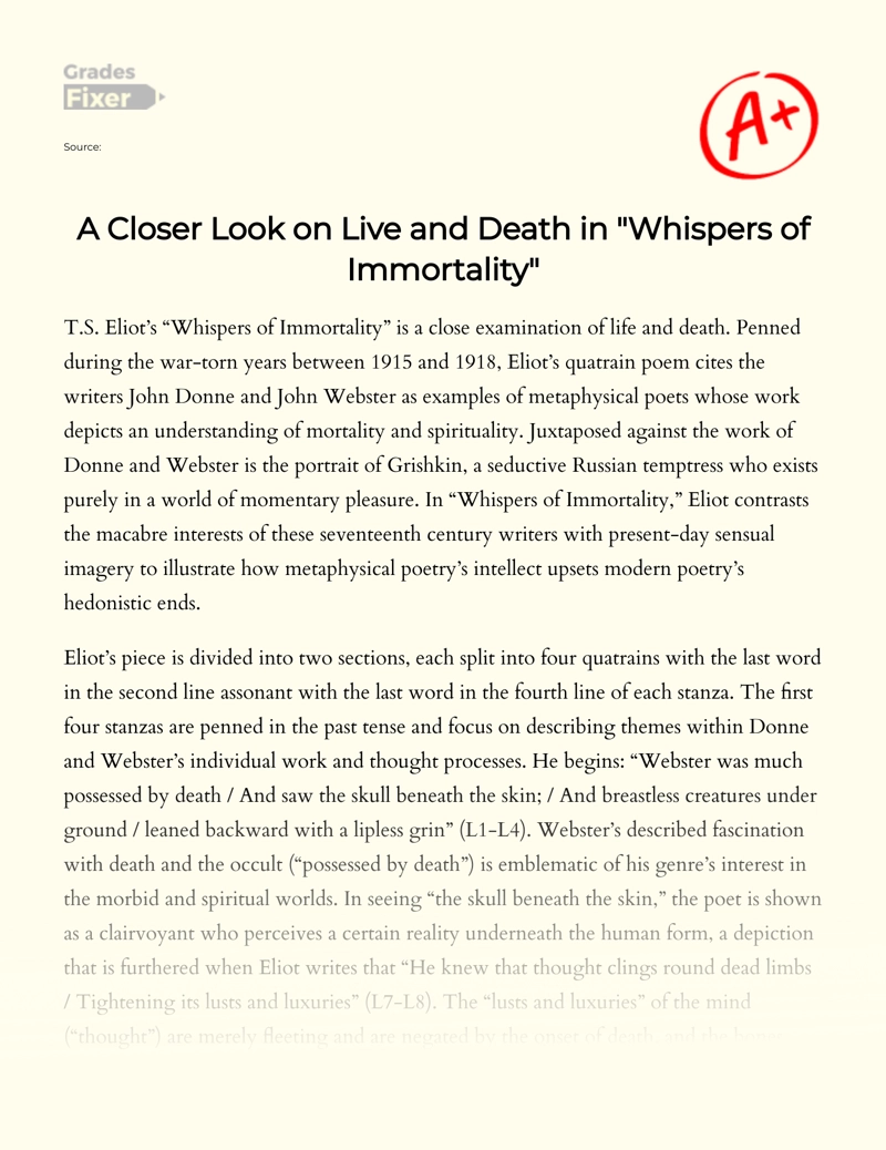 A Closer Look on Live and Death in "Whispers of Immortality"  Essay