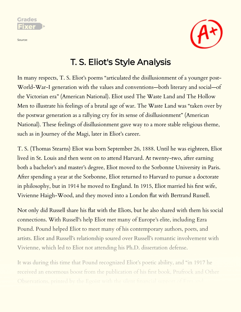T. S. Eliot's Style Analysis Essay