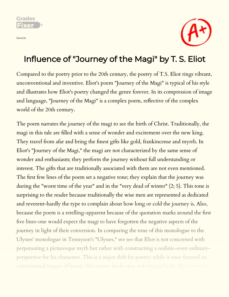 Influence of "Journey of The Magi" by T. S. Eliot Essay