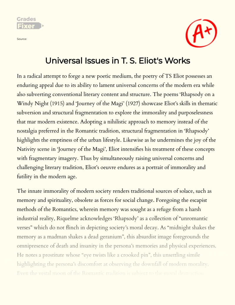 Universal Issues in T. S. Eliot's Works Essay
