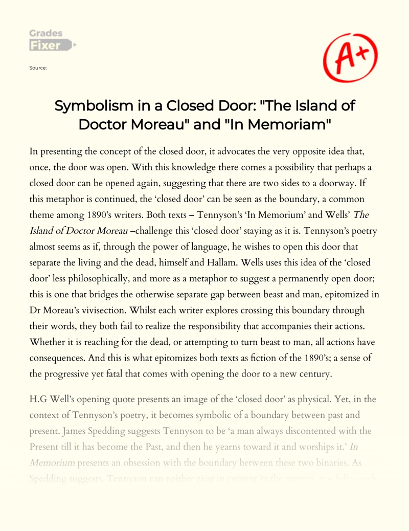 Symbolism in a Closed Door: "The Island of Doctor Moreau" and "In Memoriam" Essay