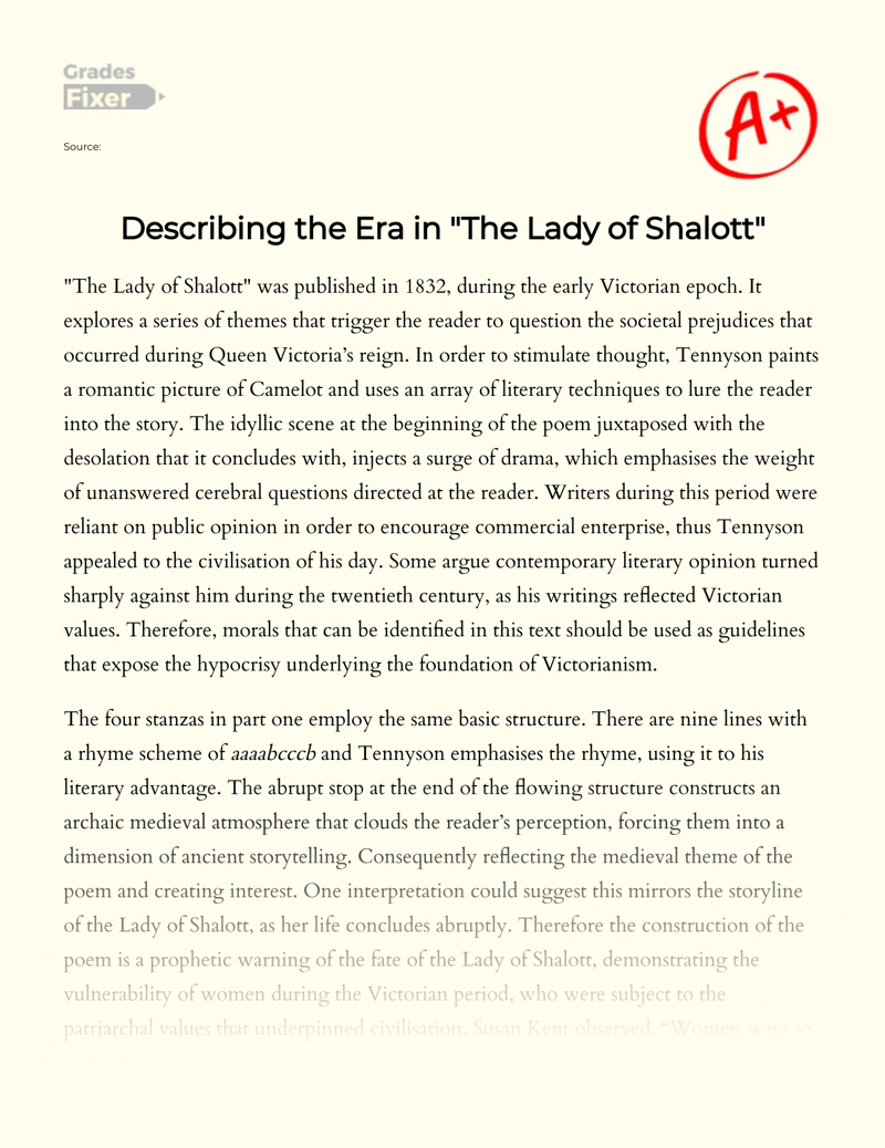 Describing The Era in "The Lady of Shalott"  Essay