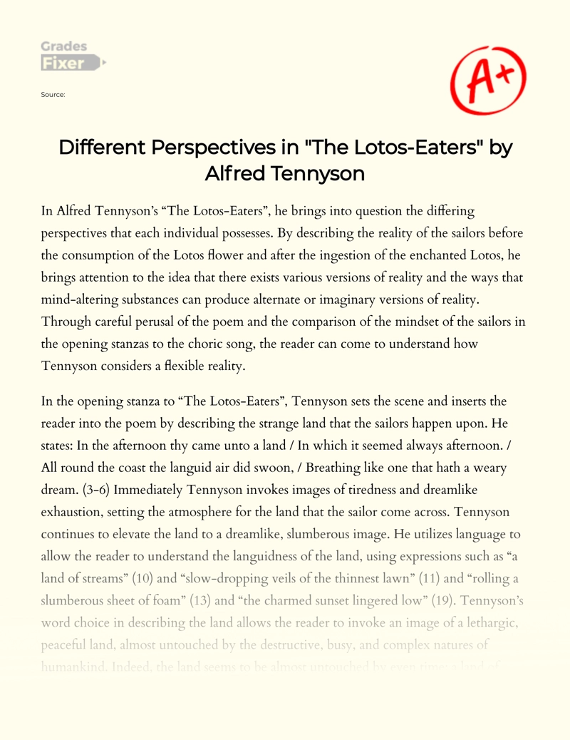 Different Perspectives in "The Lotos-eaters" by Alfred Tennyson Essay
