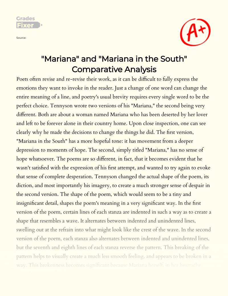 "Mariana" and "Mariana in The South" Comparative Analysis Essay
