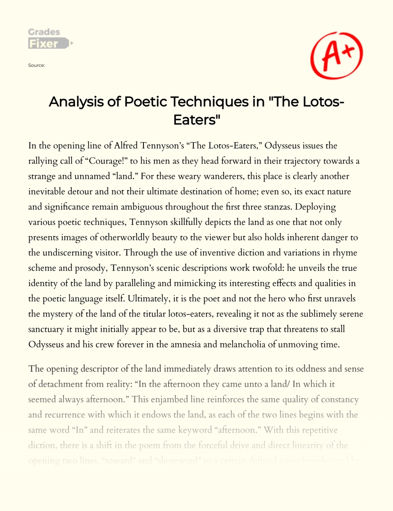 Analysis of Poetic Techniques in "The Lotos-eaters"  Essay