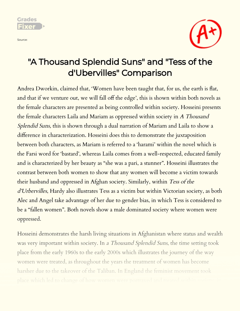"A Thousand Splendid Suns" and "Tess of The D'ubervilles" Comparison essay