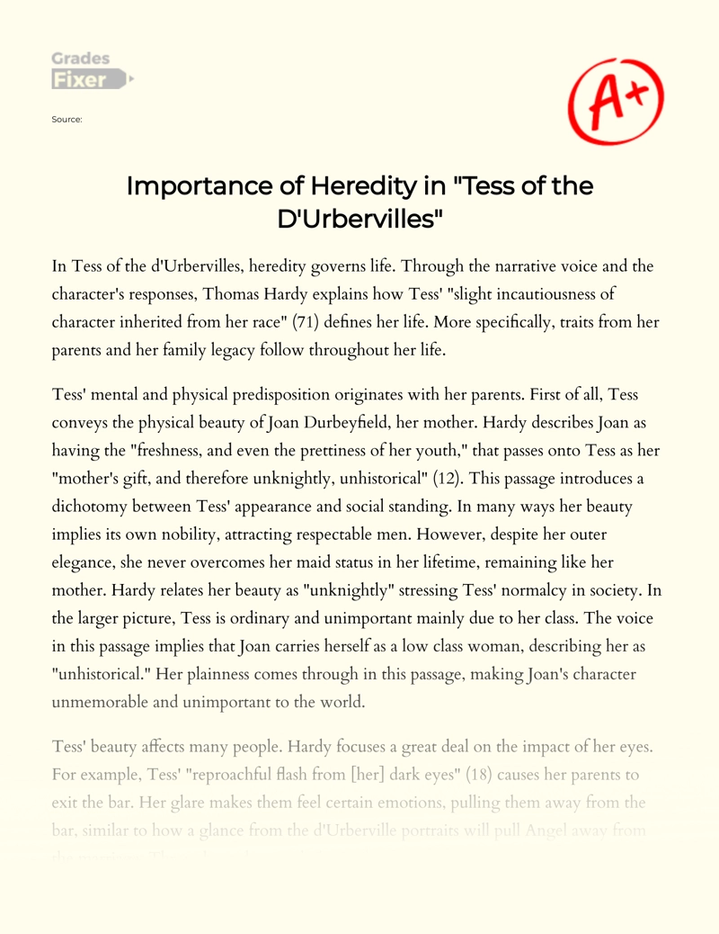 Importance of Heredity in "Tess of The D'urbervilles" Essay