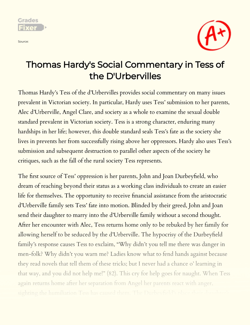Thomas Hardy's Social Commentary in Tess of The D'urbervilles essay