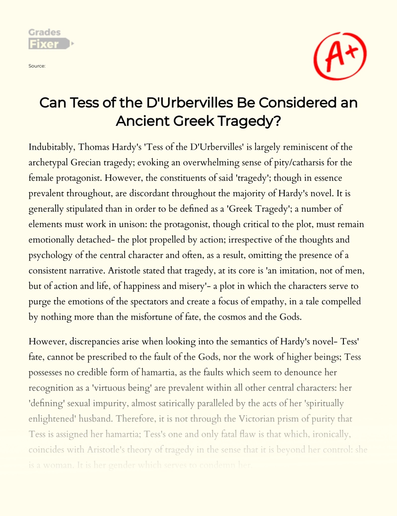 Analysis of Tess of The D'urbervilles as an Ancient Greek Tragedy essay