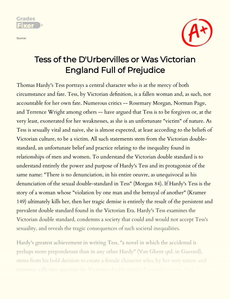 Tess of The D'urbervilles Or Was Victorian England Full of Prejudice essay