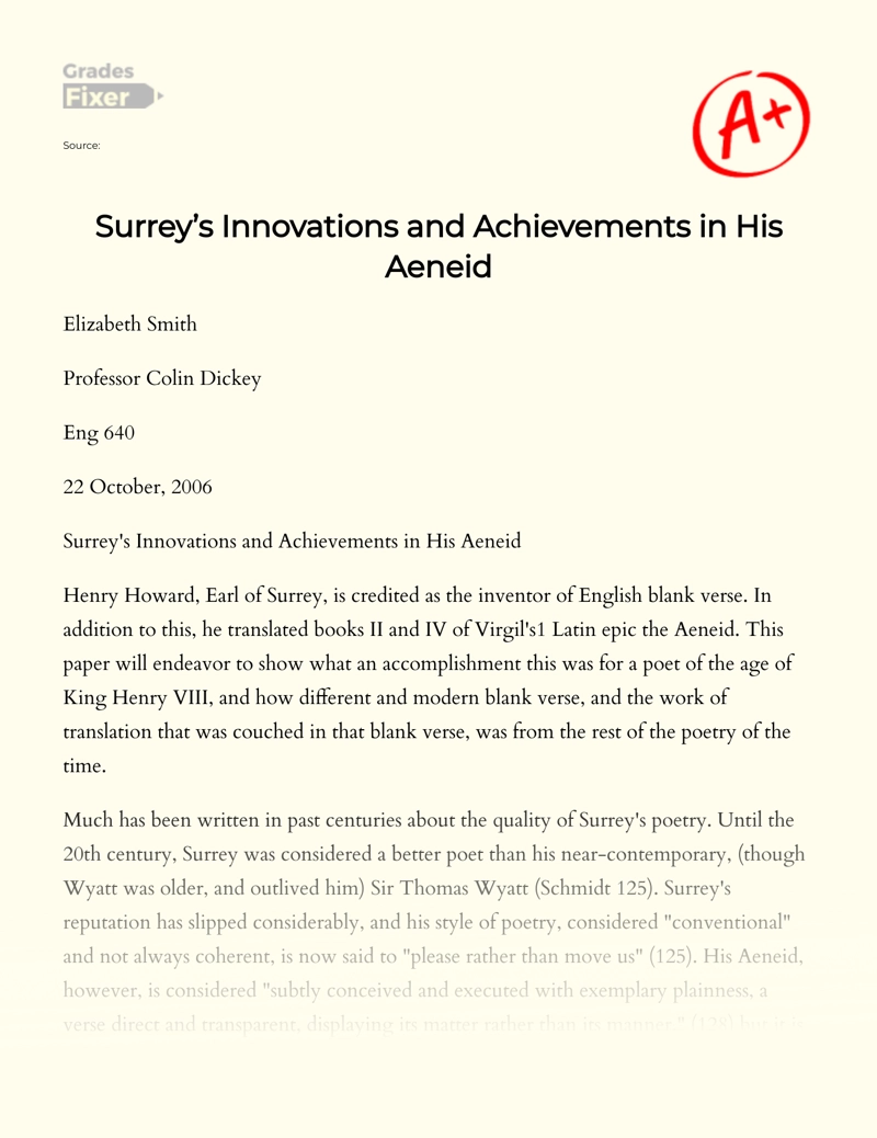 Surrey’s Innovations and Achievements in His Aeneid Essay