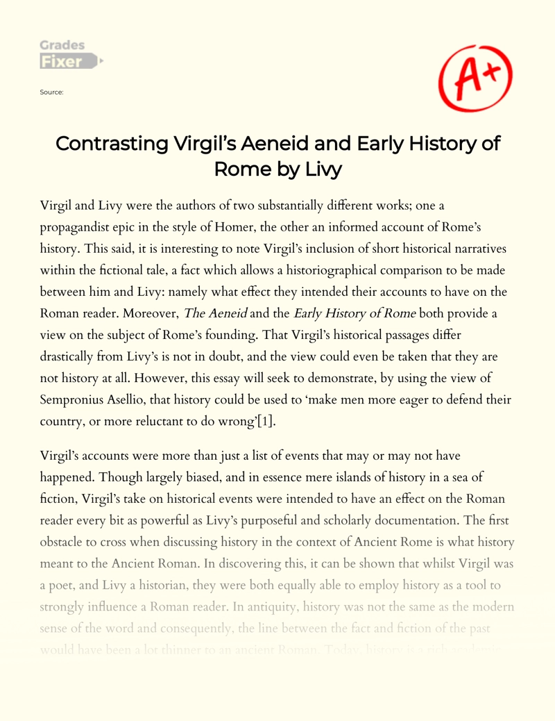 Contrasting Virgil’s Aeneid and Early History of Rome by Livy essay