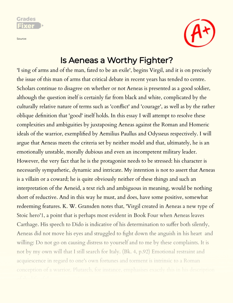 Analysis of Aeneas as a Worthy Fighter essay