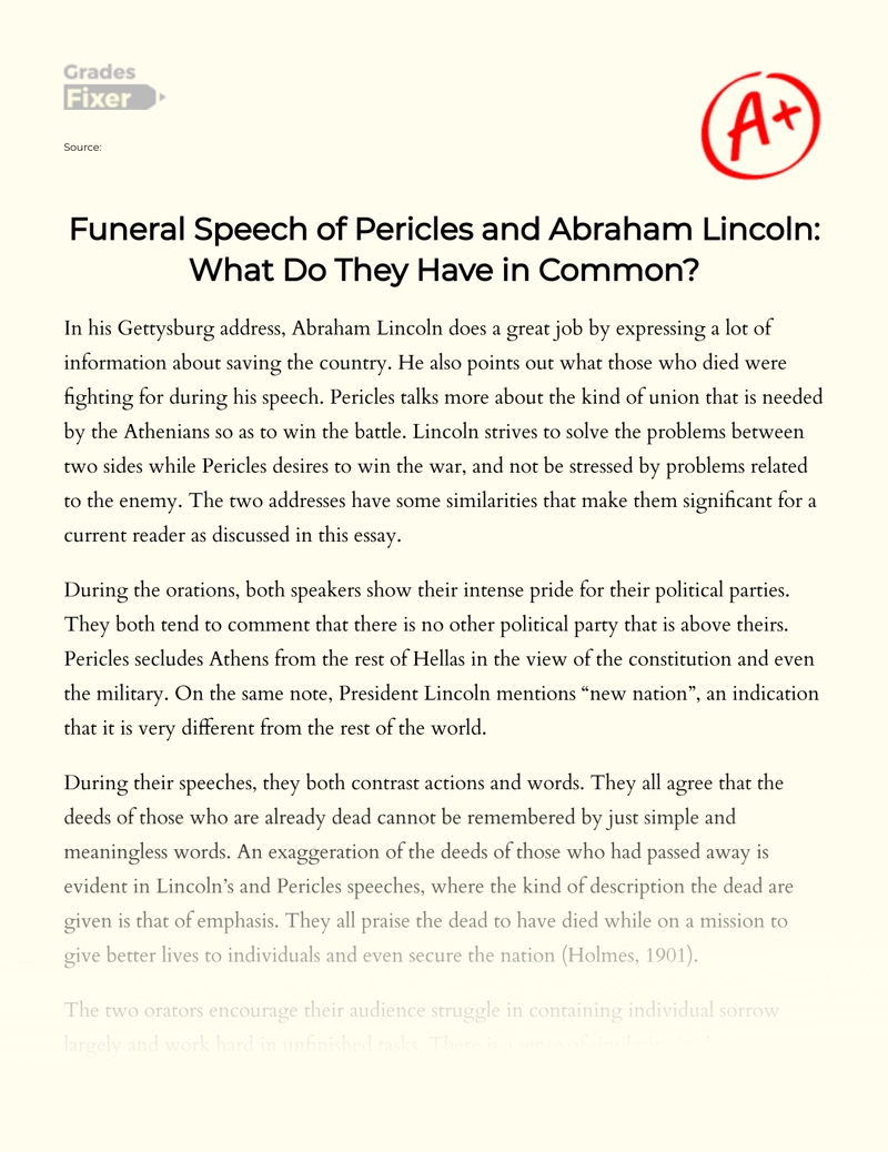 Comparison of Funeral Speech of Pericles and Abraham Lincoln Essay