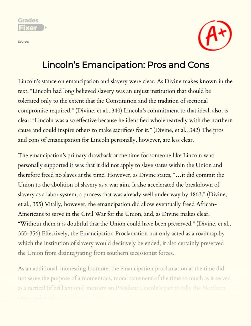 Lincoln’s Emancipation: Pros and Cons Essay