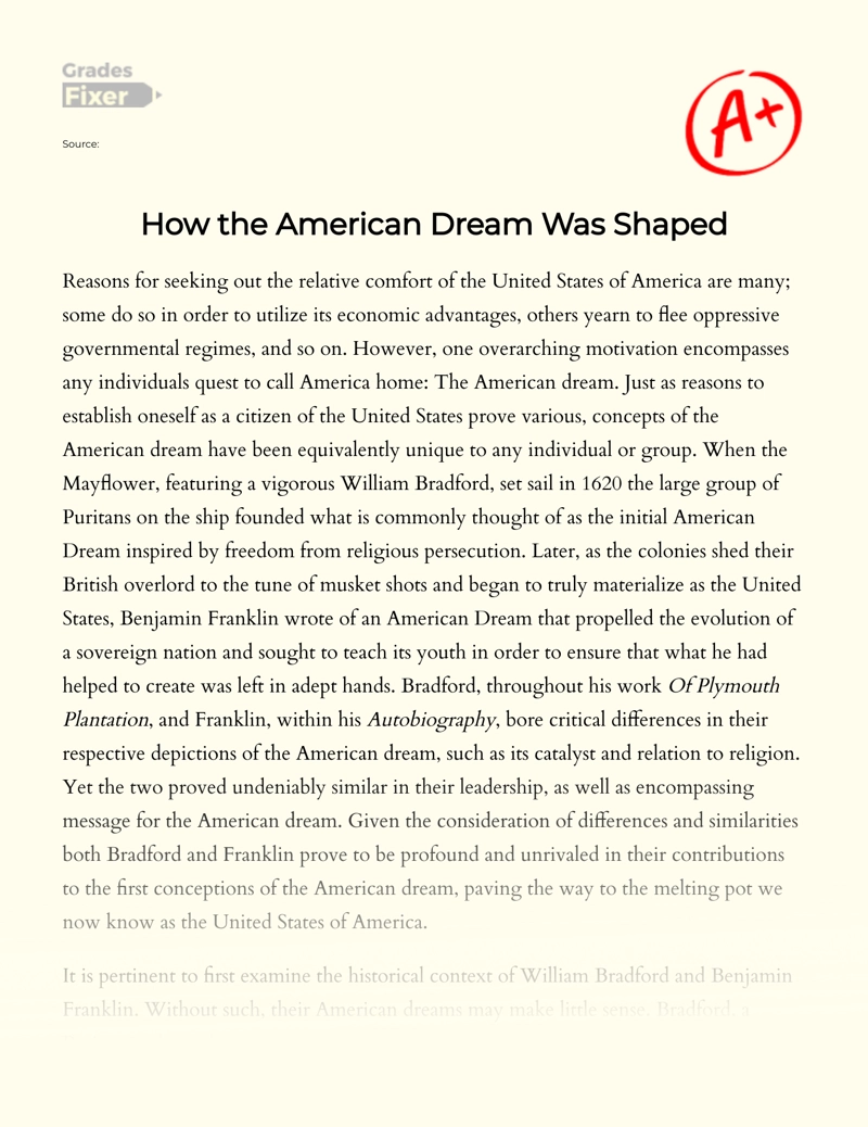 How The American Dream Was Shaped essay