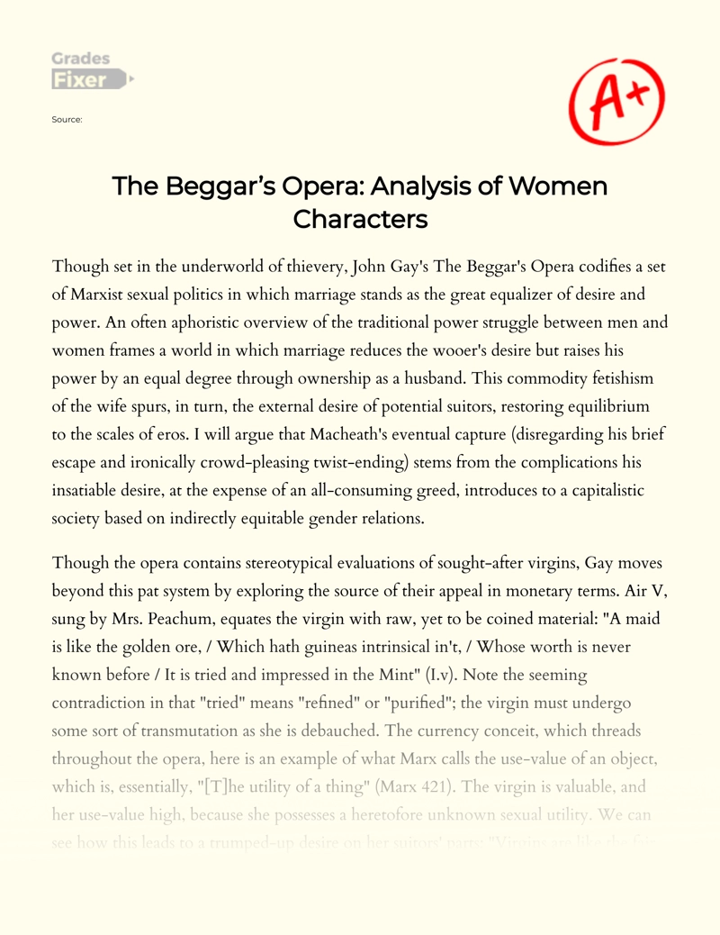 The Beggar’s Opera: Analysis of Women Characters essay