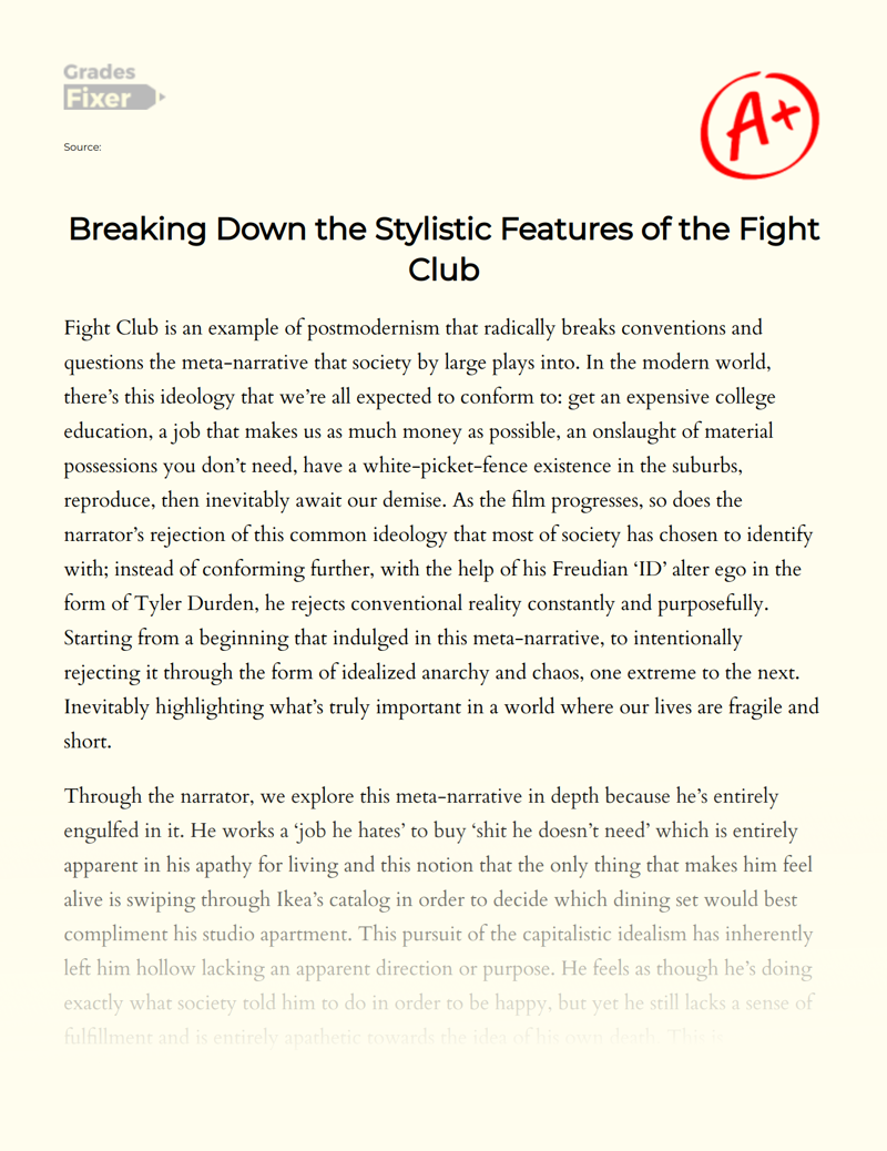 Breaking Down The Stylistic Features of The Fight Club Essay