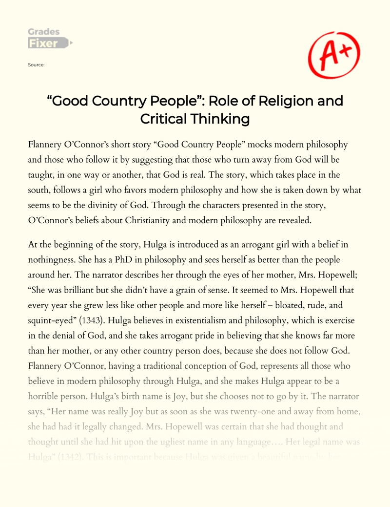 "Good Country People": Role of Religion and Critical Thinking Essay