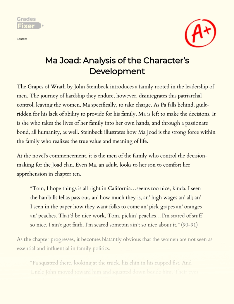 Ma Joad: Analysis of The Character’s Development essay