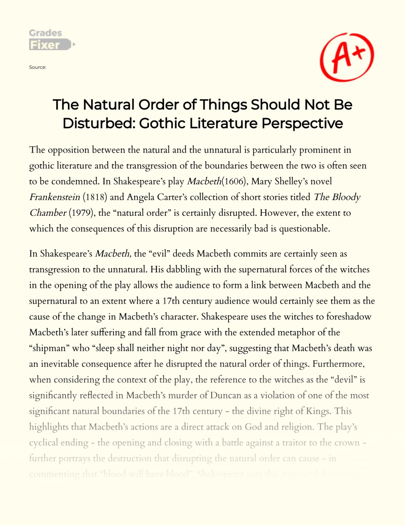 The Natural Order of Things Should not Be Disturbed: Gothic Literature Perspective Essay