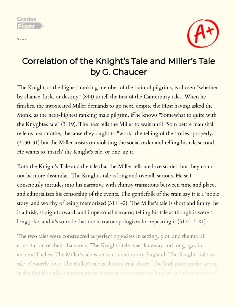 Correlation of The Knight’s Tale and Miller’s Tale by G. Chaucer Essay
