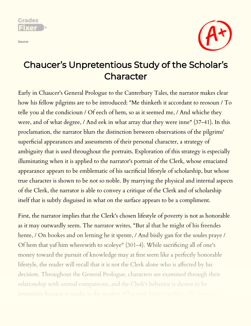 Chaucer’s Unpretentious Study of The Scholar’s Character essay