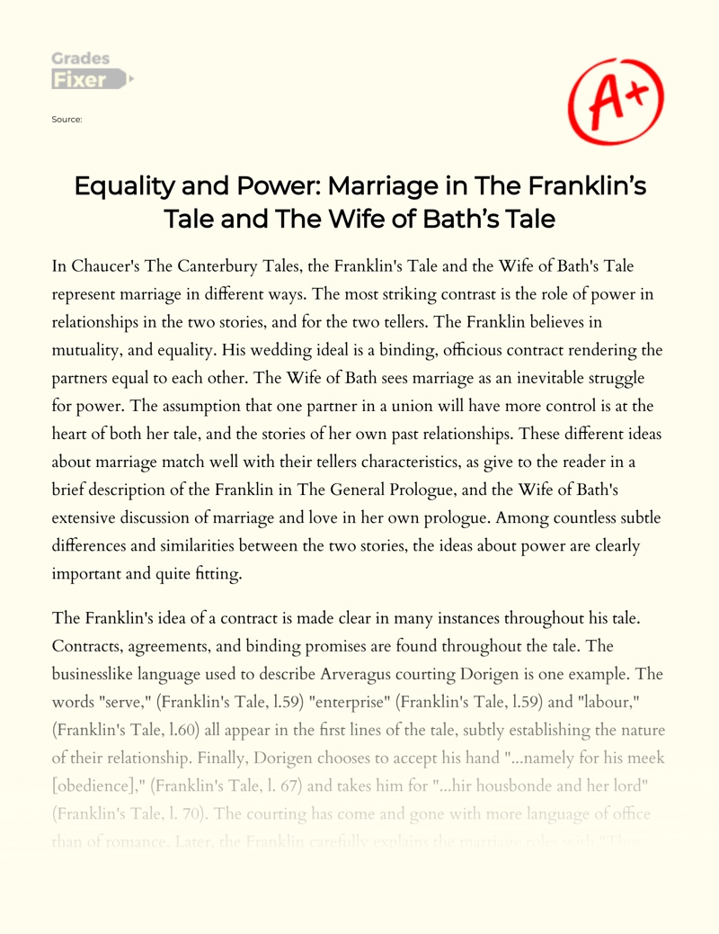 Equality and Power: Marriage in The Franklin’s Tale and The Wife of Bath’s Tale Essay