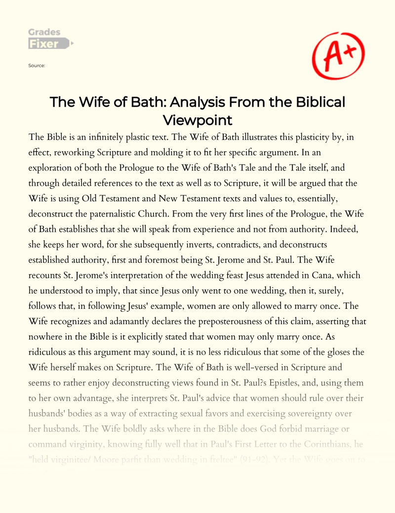 The Wife of Bath: Analysis from The Biblical Viewpoint Essay