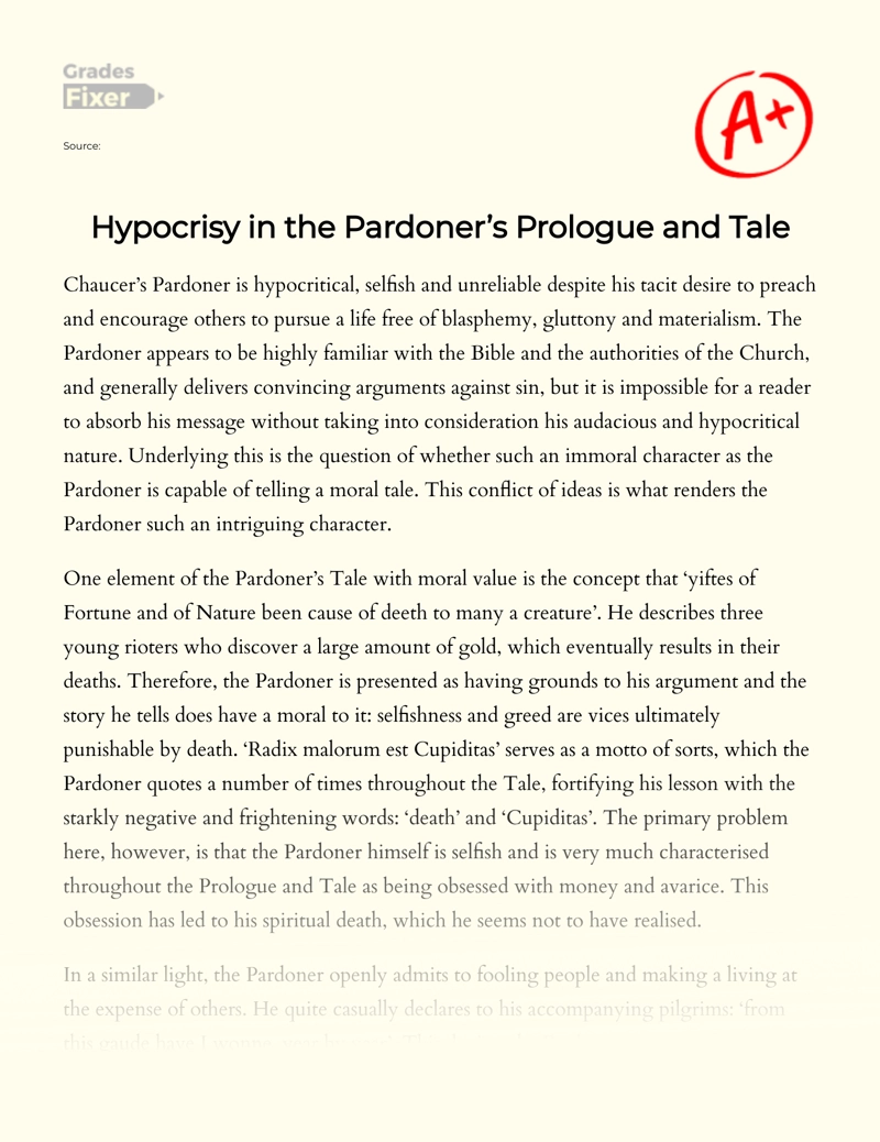 Hypocrisy in The Pardoner’s Prologue and Tale Essay