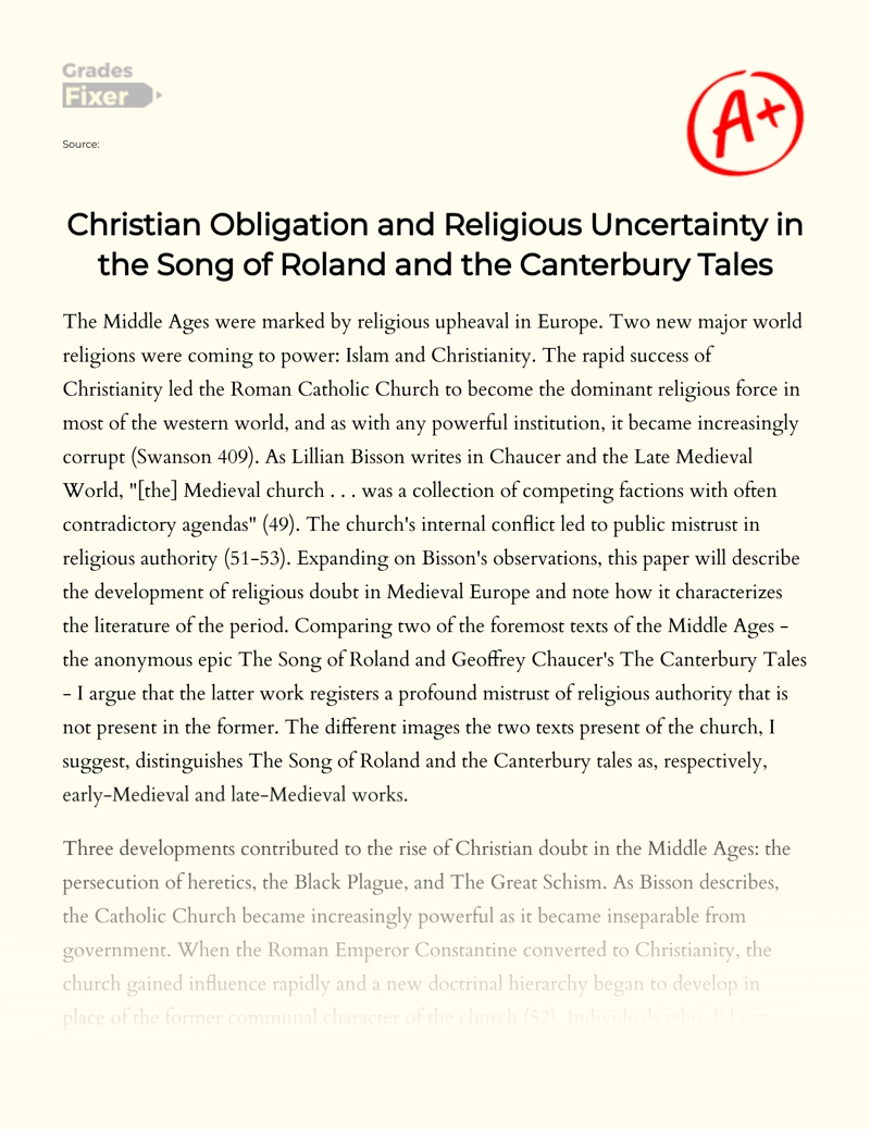 Christian Obligation and Religious Uncertainty in The Song of Roland and The Canterbury Tales Essay