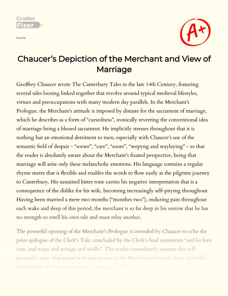 Chaucer’s Depiction of The Merchant and View of Marriage Essay