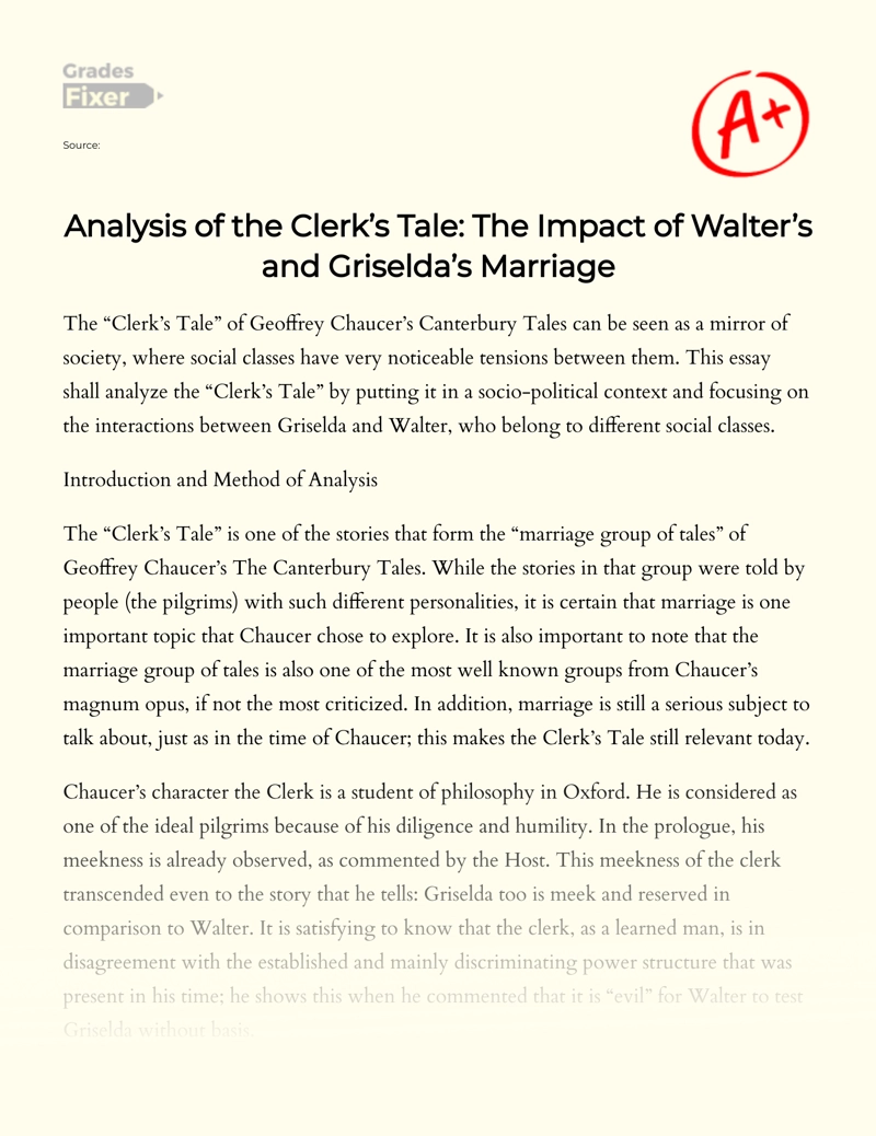 Analysis of The Clerk’s Tale: The Impact of Walter’s and Griselda’s Marriage Essay
