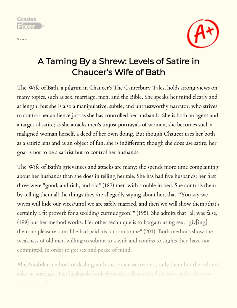 A Taming by a Shrew: Levels of Satire in Chaucer’s Wife of Bath Essay