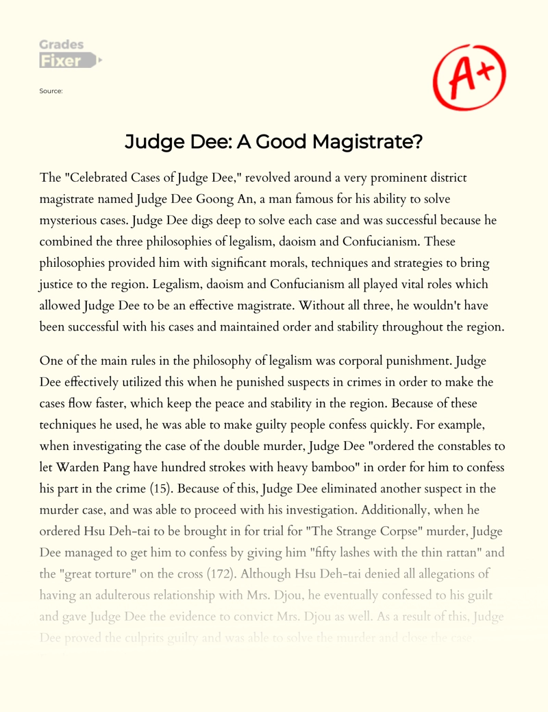 Analysis of Judge Dee as Good Magistrate Essay