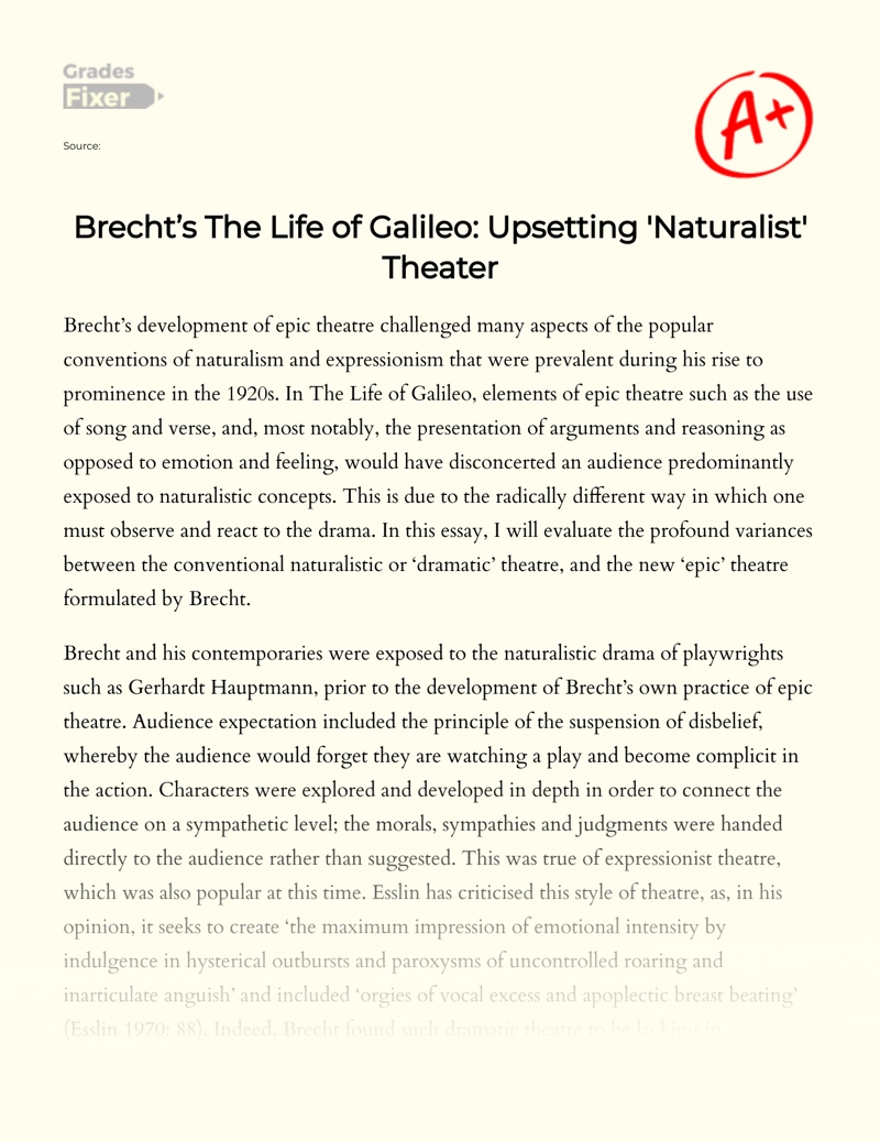 Brecht’s The Life of Galileo: Upsetting 'Naturalist' Theater Essay
