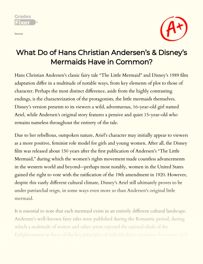 Similarities Between Hans Christian Andersen’s and Disney’s Mermaids  Essay