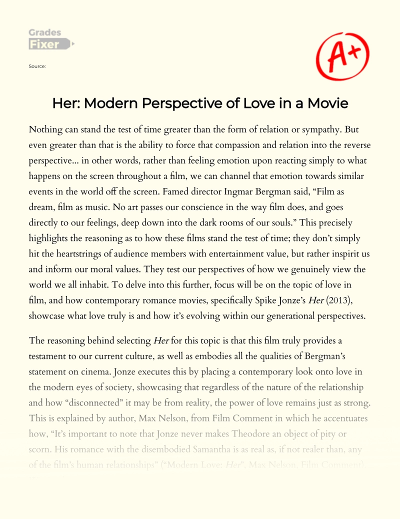 Her: Modern Perspective of Love in a Movie essay