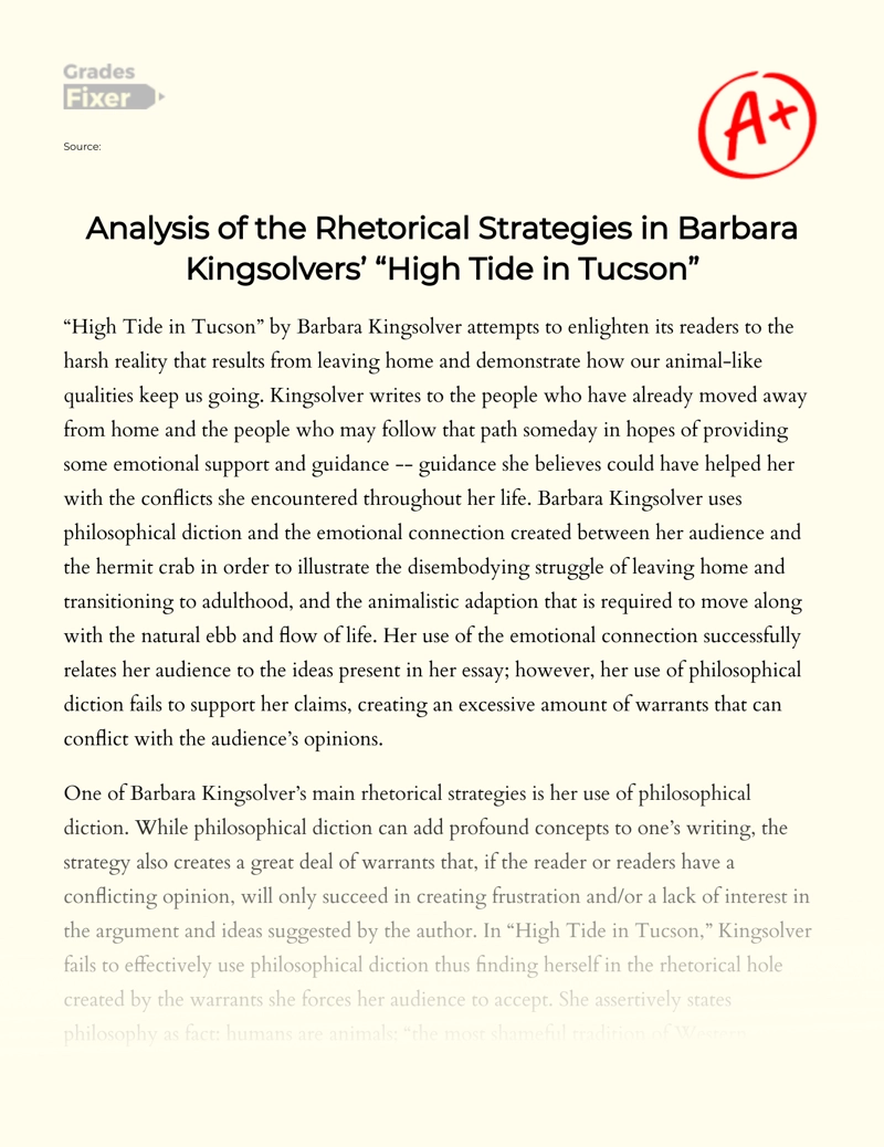 Analysis of The Rhetorical Strategies in Barbara Kingsolver's’ "High Tide in Tucson" Essay