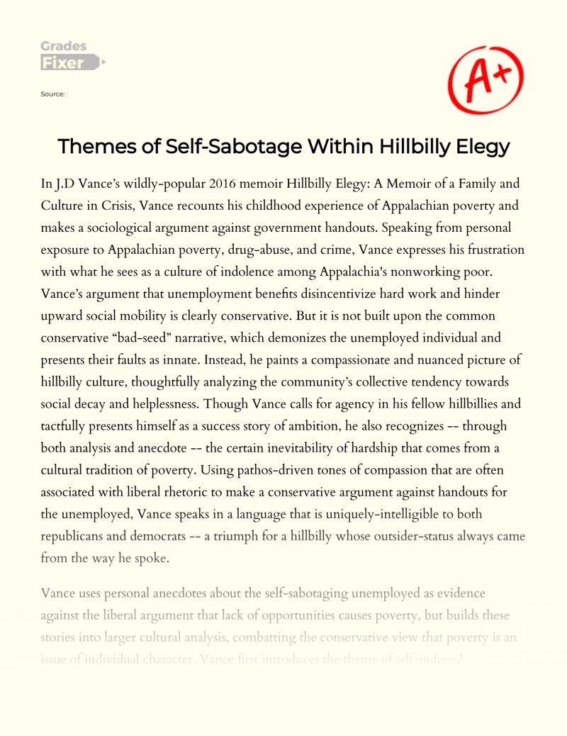 Themes of Self-sabotage Within Hillbilly Elegy Essay