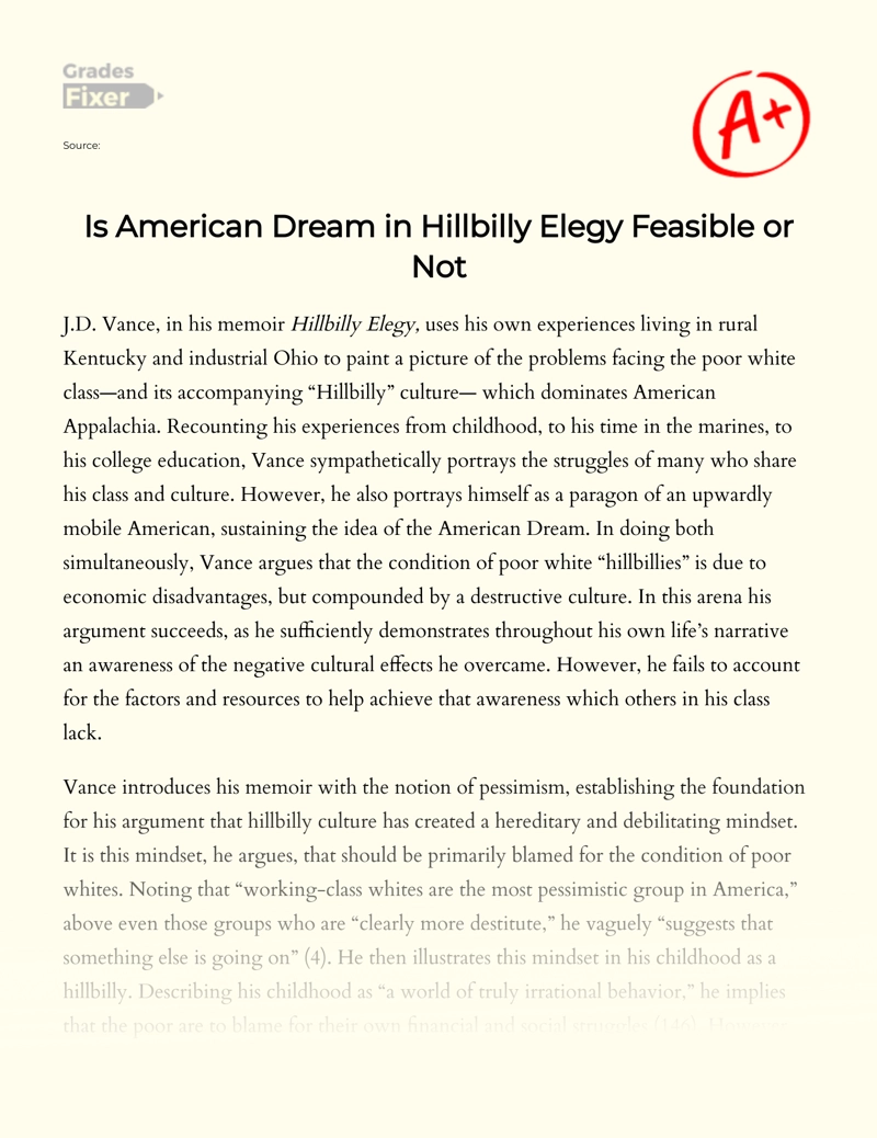 Is American Dream in Hillbilly Elegy Feasible Or not essay