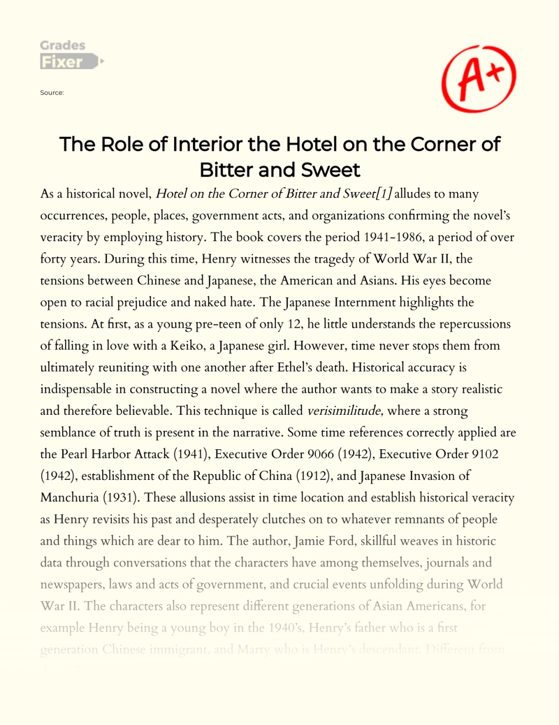 The Role of Interior The Hotel on The Corner of Bitter and Sweet Essay