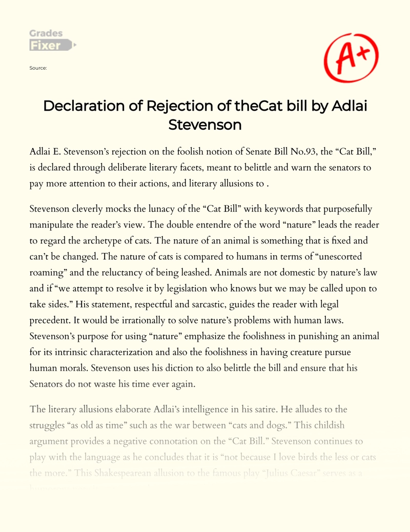 Declaration of Rejection of The Cat Bill by Adlai Stevenson Essay