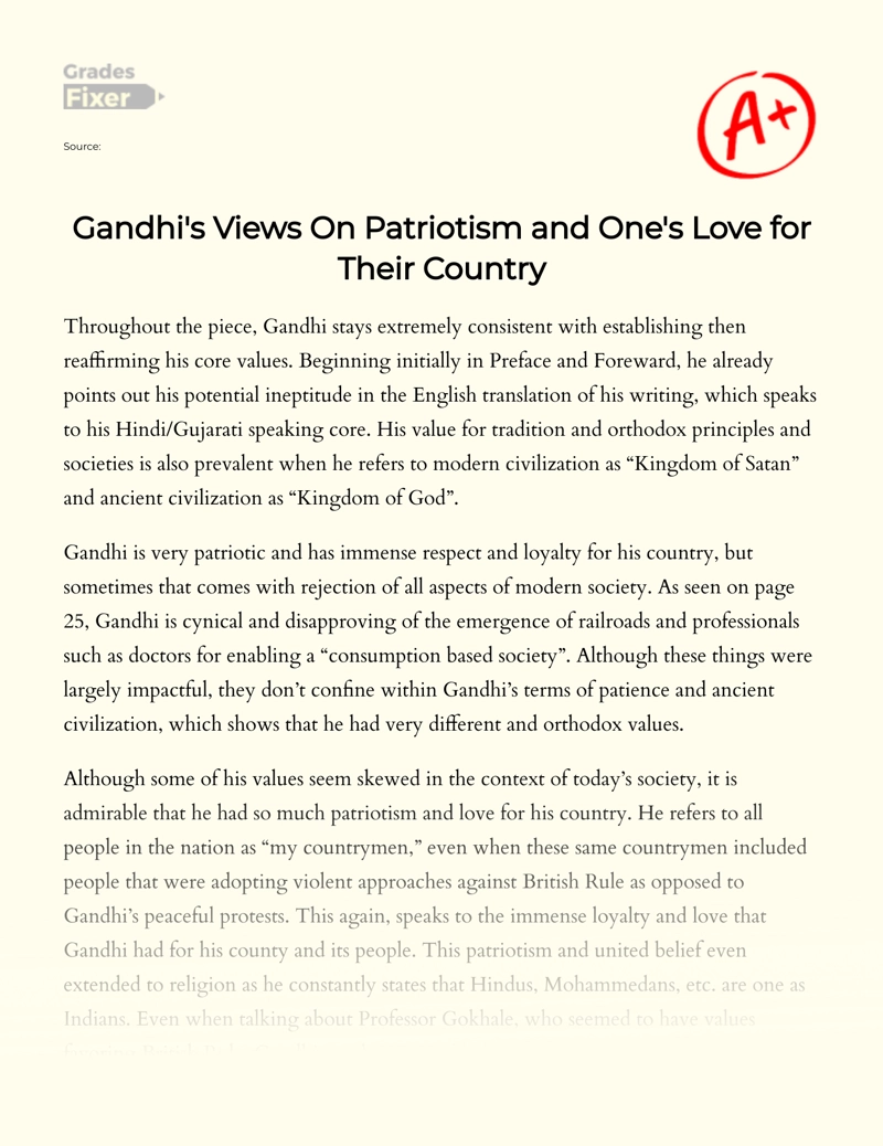 Gandhi's Views on  Patriotism and One's Love for Their Country  Essay