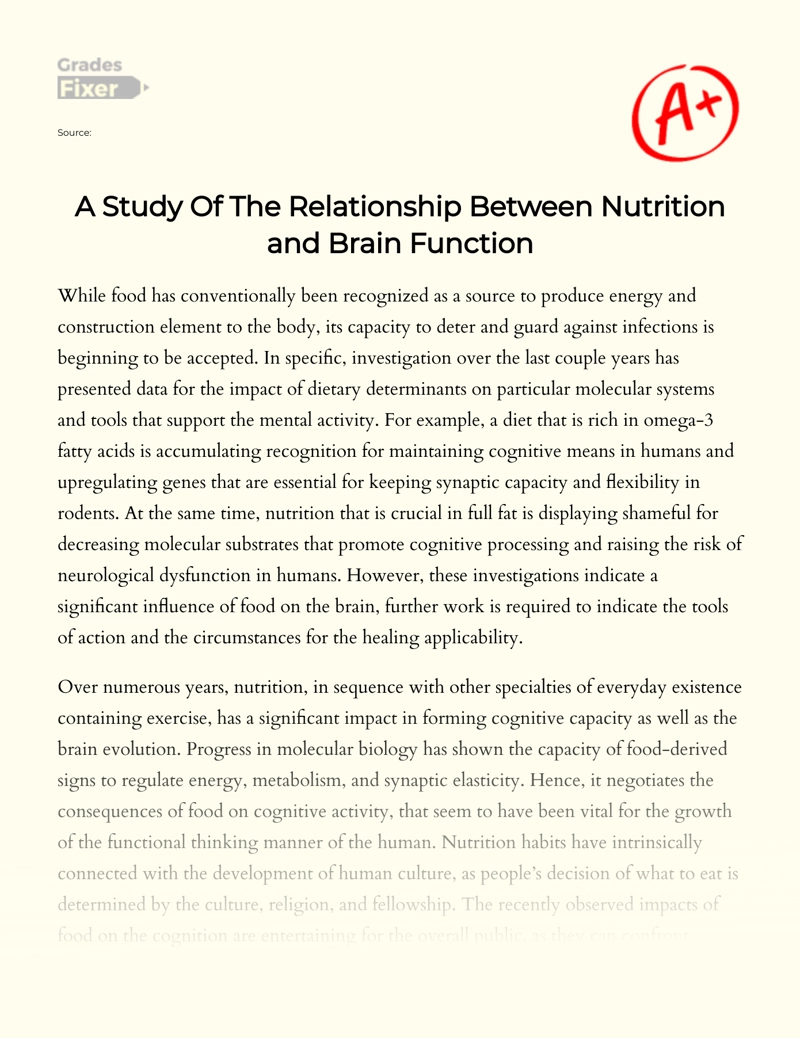 A Study of The Relationship Between Nutrition and Brain Function essay