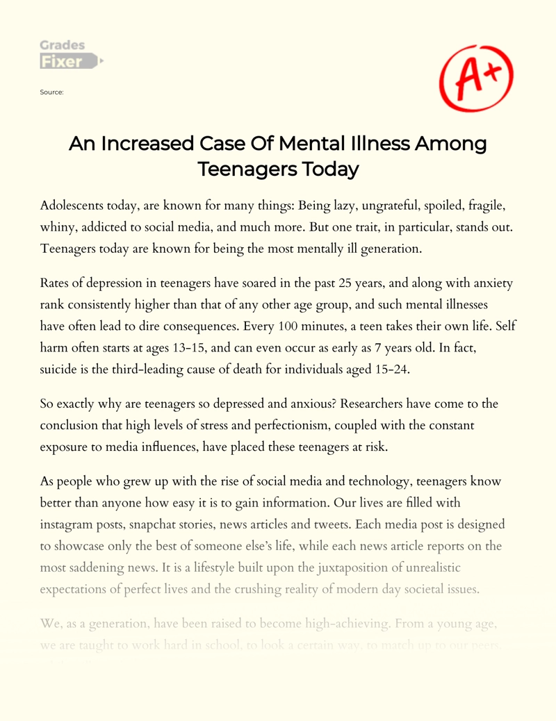 Teenage Mental Health: The Increase in Mental Illnesses Essay