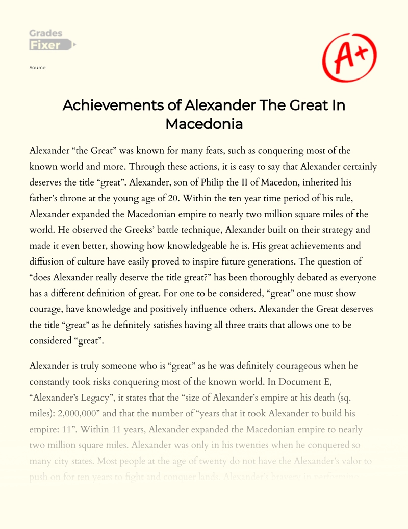 Achievements of Alexander The Great in Macedonia Essay